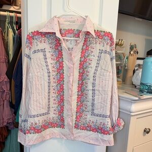 Floral Button-Up Shirt with Pink Stripe Detail